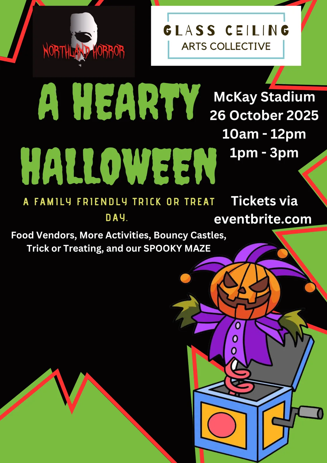 Poster for A Hearty Halloween 2025 at McKay Stadium on 26 October, a family friendly trick or treat day with food vendors, bouncy castles and a spooky maze, tickets via Eventbrite